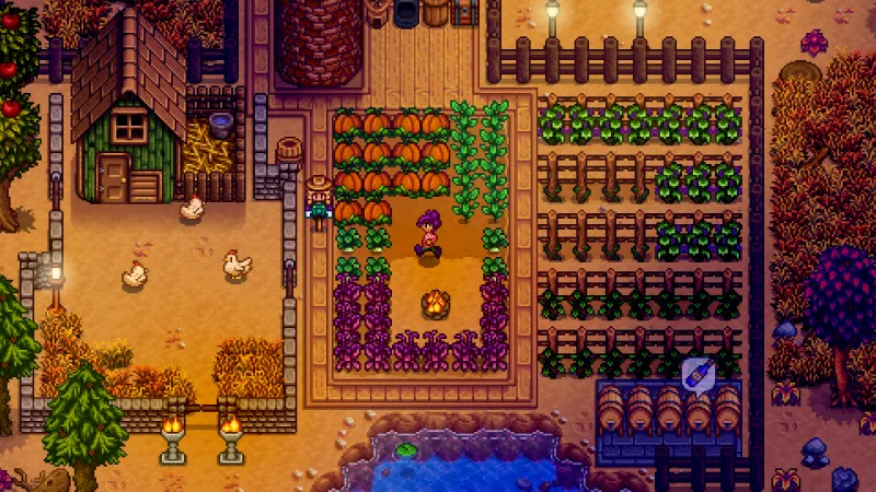 A mature autumn farm at dusk — pumpkin and cranberry season