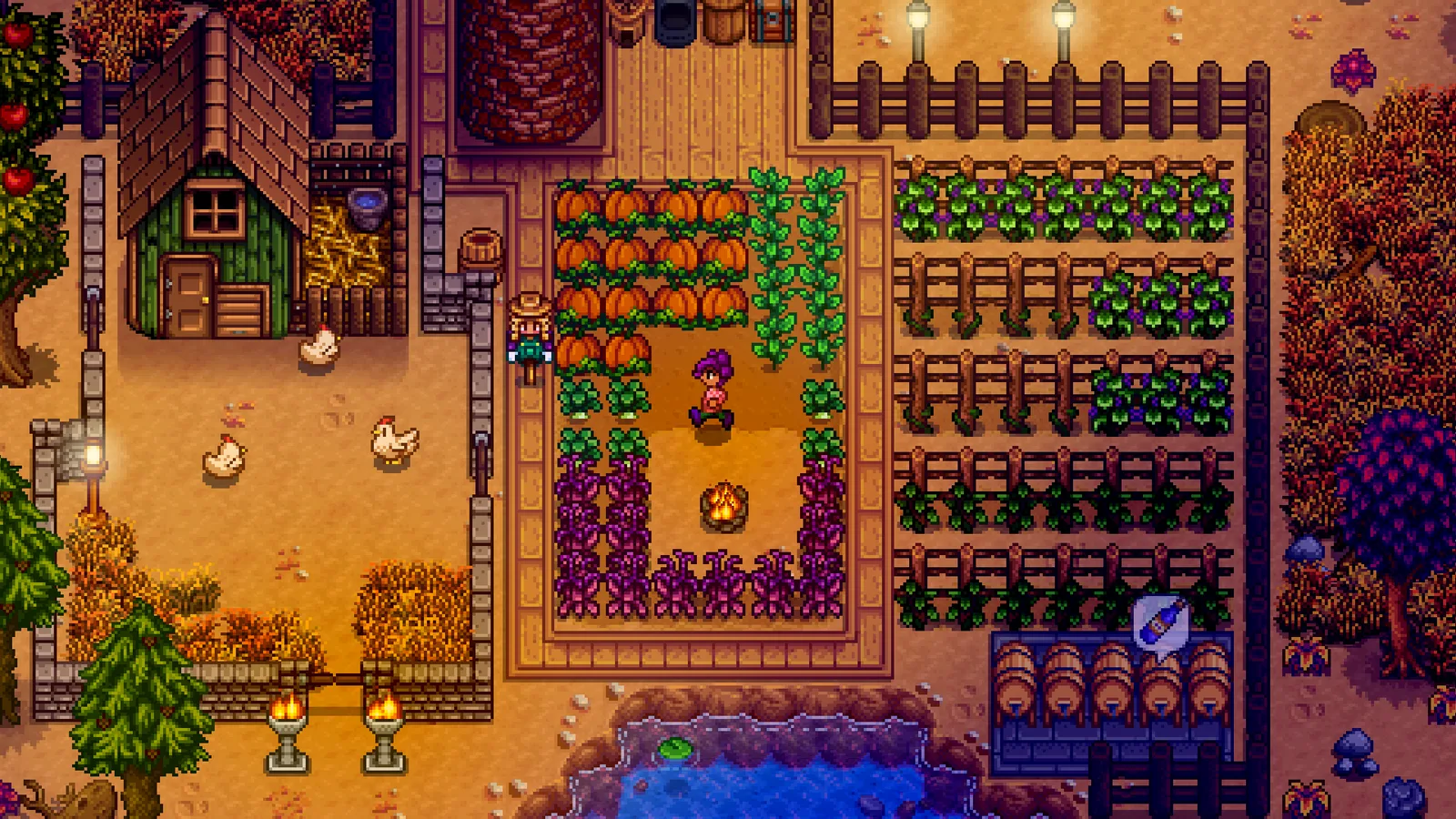 A farm at dusk with pumpkins and a campfire — layout varies hugely by farm type